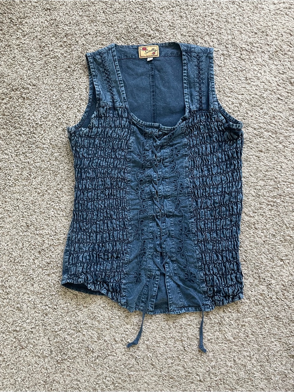Scully Vintage Blue Smocked Lace-Up Denim Tank